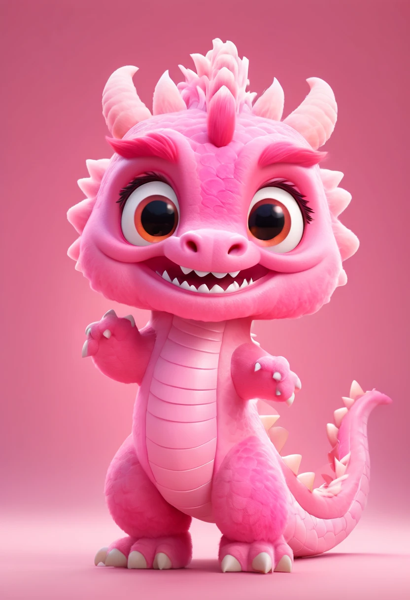 Pixar animation style, a pink red Chinese dragon, made of cotton candy material, with a happy expression. The background of the ID photo is pink, with a half side composition. Standing, the whole body is centered, hard light, strong light sense, c4d, 8k, high-definition quality 