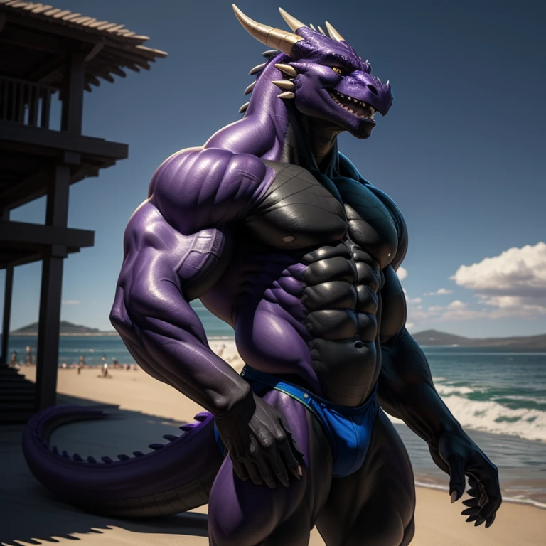 uploaded on e621.net, best quality, masterpiece, anthro, dragon, adult, old, ((solo)), seaside, muscles, buff, tall, standing, wearing hipster style clothing, detailed eyes, photorealistic, (black body) ((purple pectorial muscles, purple abs)), yellow eyes, looking pleasured, (long tail), (correct anatomy), (high detail, 3D rendering, shading), by kaynine, chunie, darkgem