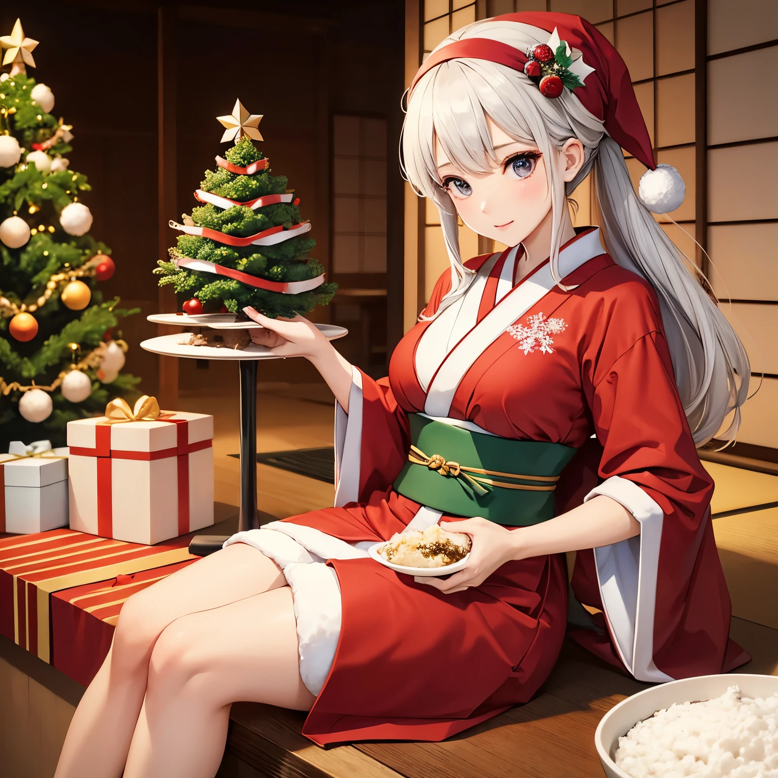 Woman in Japanese clothes、eat white rice cake、Christmas tree