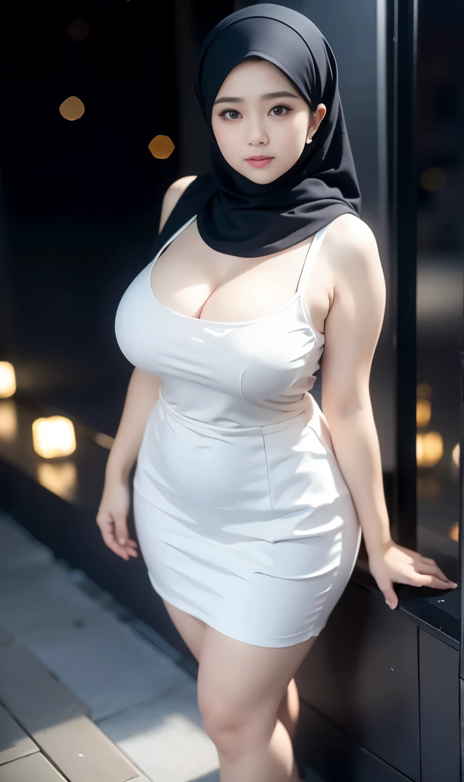 1 malay girl, modern plain hijab, shy, medium portrait, watery eyes, wearing  thight skirt , ((big breasts)), black bokeh background, well-proportioned body,, chubby massive thighs, full body pose, cleavage, thight skirt, sexy dress, naughty, very large breasts and cleavage, 