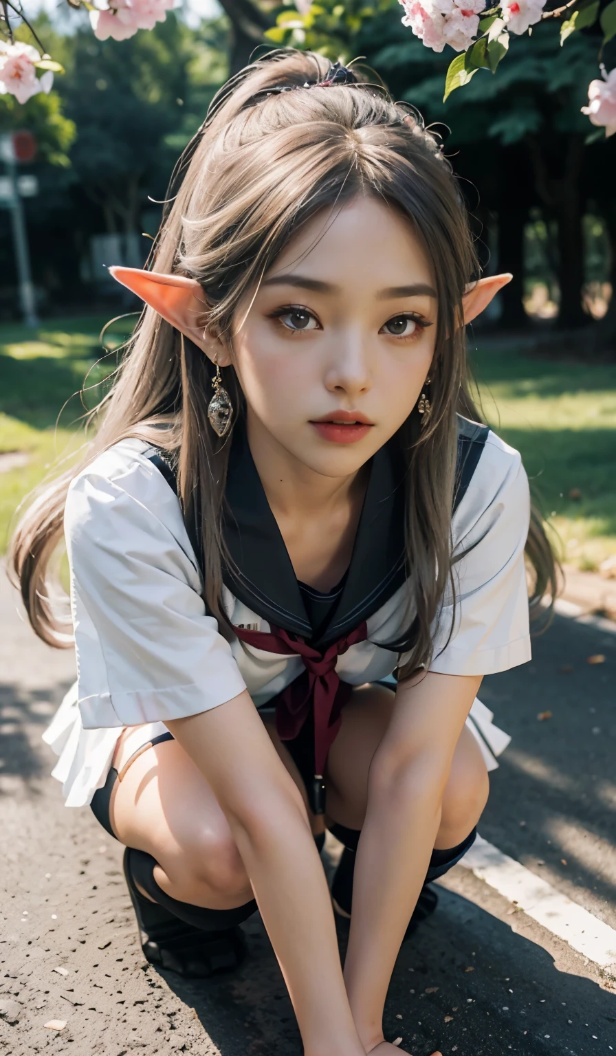 (Japanese-style school,Cherry tree:1. Mature elven beauty,stand up,Sailor suit), masterpiece, best quality, RAW photos, realistically, Incredibly Ridiculous Resources,long elf ears, earrings,hairpin, (Silvery-white flowing long hair),eye shadow,(Sailor suit),earring,anklet,short skirt,(Black sport socks)(Black half-knee socks),loafers,two longer legs,depth of field, high resolution, Super detailed, filigree, RAWE is very detailed, Very detailed eyes and face, sharp pupils, realistic pupils, lock focus, light,Full body female love,Big ,long legs,from the front,dynamic poses,normal posture,face close-up