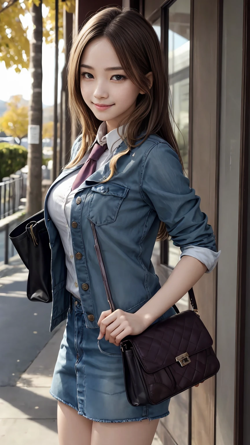 19 year old female、Hair color is a gradation of brunette and purple、Eye color is blue、long hair、hair is wavy、wears hair in a chignon、wearing eye shadow and lipstick、Slender but well-proportioned muscular body、smile、big breasts、wearing a dress shirt and a tie、wearing a jacket、Wearing slacks、wearing high heels、I have a handbag、smile