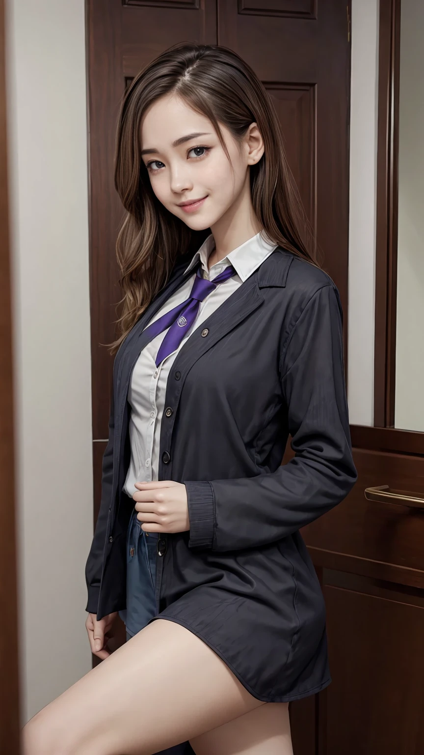 19 year old female、Hair color is a gradation of brunette and purple、Eye color is blue、long hair、hair is wavy、wears hair in a chignon、wearing eye shadow and lipstick、Slender but well-proportioned muscular body、smile、big breasts、wearing a dress shirt and a tie、wearing a jacket、Wearing slacks、wearing high heels、I have a handbag、smile