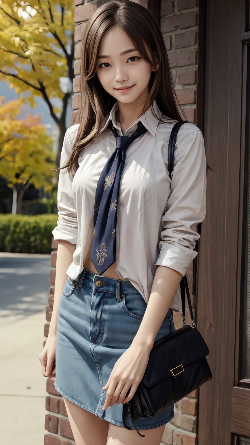 19 year old female、Hair color is a gradation of brunette and purple、Eye color is blue、long hair、hair is wavy、wears hair in a chignon、wearing eye shadow and lipstick、Slender but well-proportioned muscular body、smile、big breasts、wearing a dress shirt and a tie、wearing a jacket、Wearing slacks、wearing high heels、I have a handbag、smile