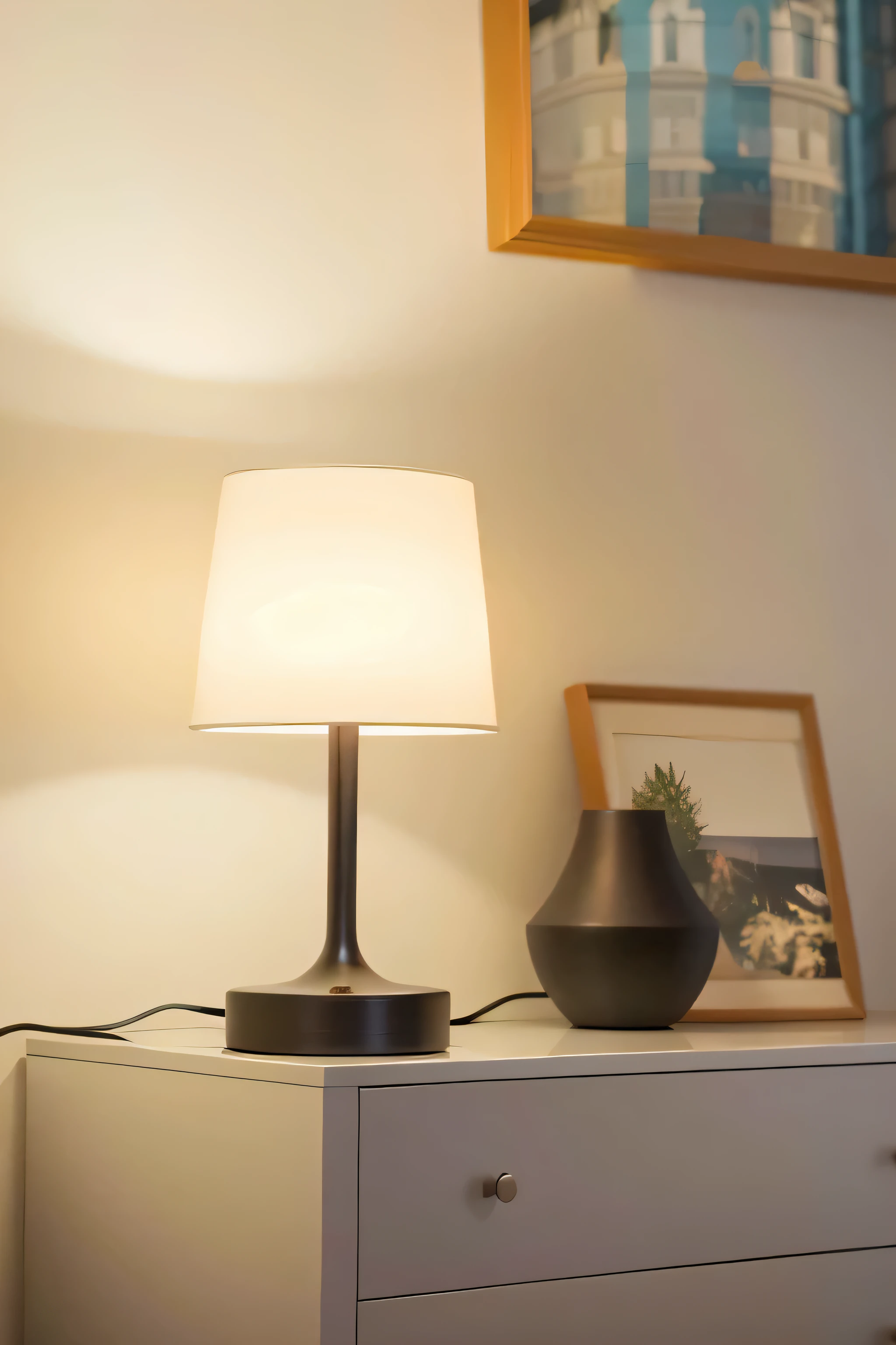 there is a lamp that is on a white dresser in a room, 台lamp, famous designer lamp, standing lamp luxury, lamps, volumetric lighting - h 7 6 8, 房间lamp光昏暗, indoor lighting, led lamps, dim accent lighting, lamp, 室内柔和的lamp光, reality 20, room lighting, Ambient Lighting - n 9, 室内lamp