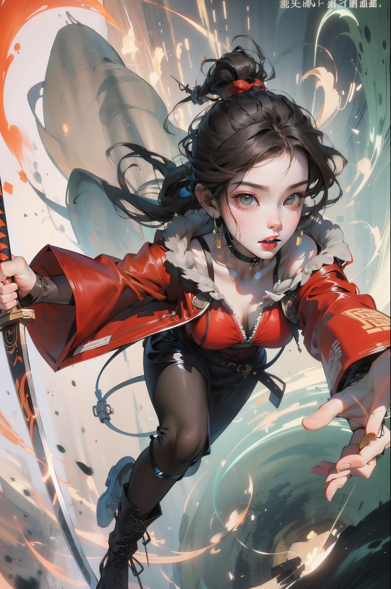 Chinese style, ancient battlefield, an ancient Chinese female general, holding a sword in her hand, grim expression, full body, amazing facial features, red robe, armor, boots, yellow sand in the sky, fleeing crowd, firelight, game model, stunning lighting, C4D, OC rendering, cinematic edge light, delicate light, masterpiece, super detailed, epic composition, super HD, high quality, highest quality, 32k