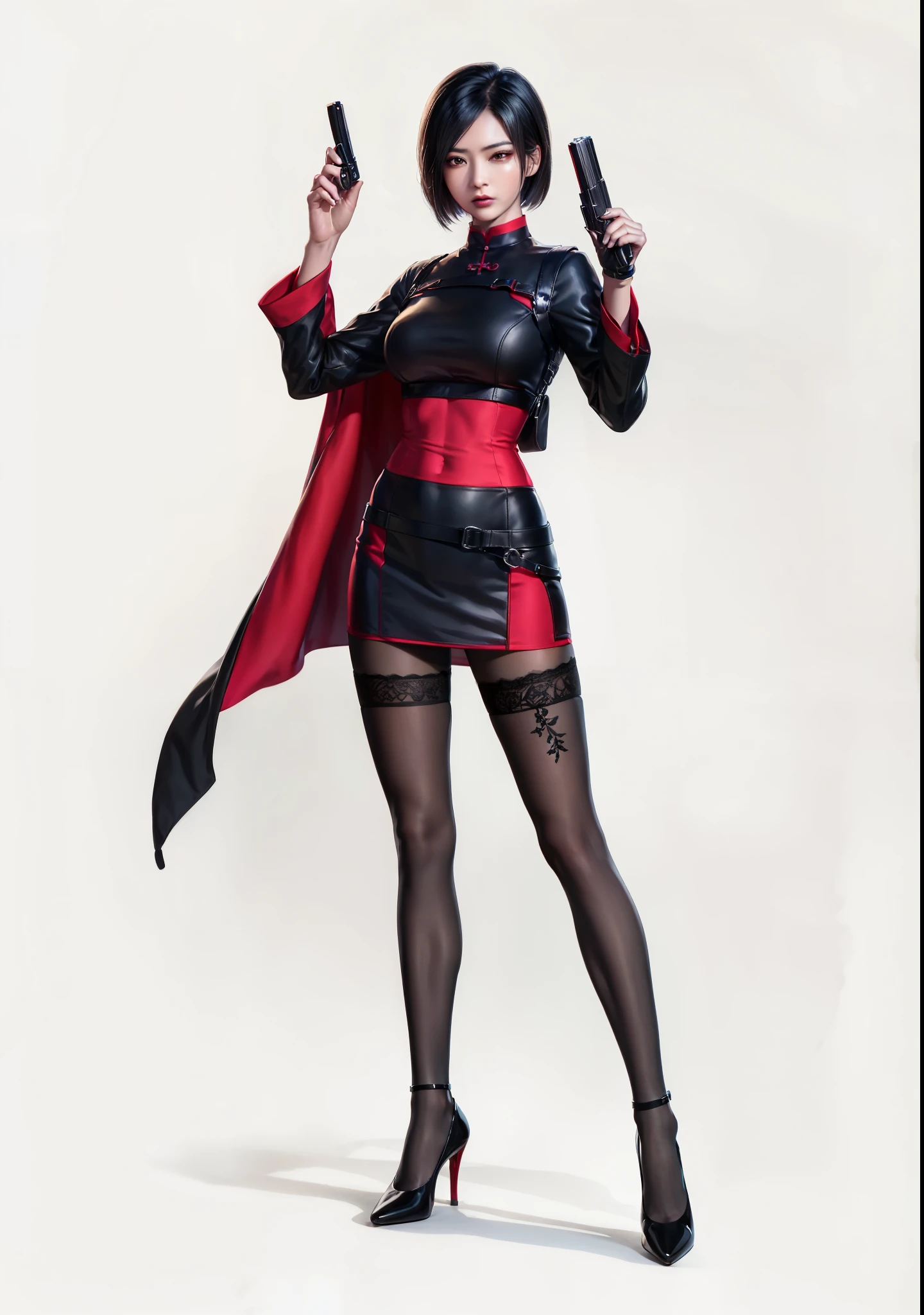 Red cheongsam,a woman,Adaking,Holding a gun in both hands,red clothes, Wearing a red cheongsam, silk fabric,king爱达'优雅的图案 best quality, 4K, 8K, high resolution, masterpiece:1.2), flowing skirt, High heel, Super detailed, (actual, realistically, realistically:1.37), Ada.king, art style embryo, (actual: 1.2), (endless reality), (masterpiece: 1.2), (best quality), (Super detailed), (8K, 4K, complex), wear underwear,,High heel