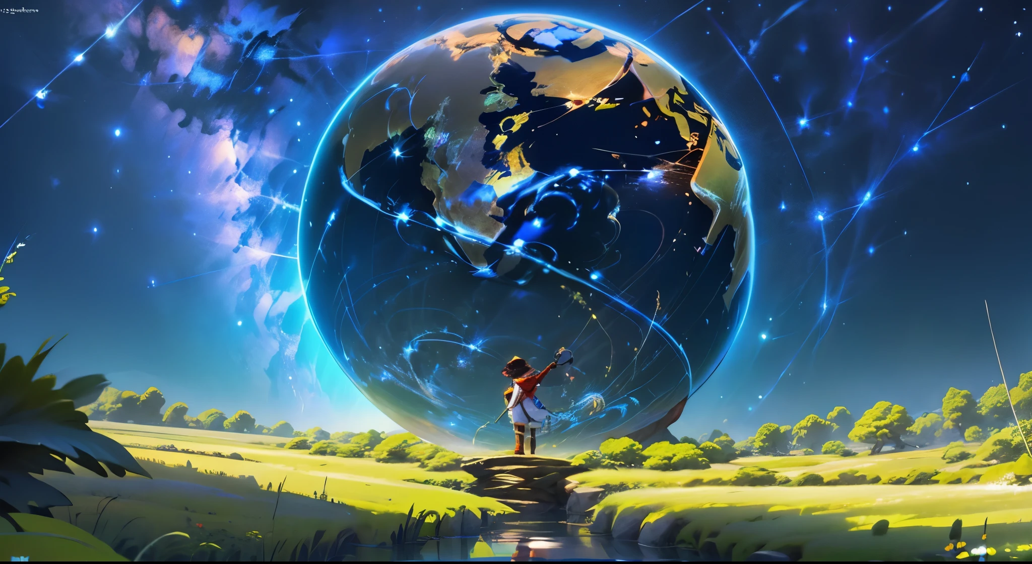 Banner de canal en youtube, cores: Fundo escuro com elementos em cores mais claras Elementos: A globe representing the world and curiosity An open Bible representing faith and religion A flower representing nature and beauty A lightning bolt representing science and discovery Text: No centro: "y.. abrazo", Retire el objeto del centro y coloque un texto con una frase siguiente., "MrEmbra"