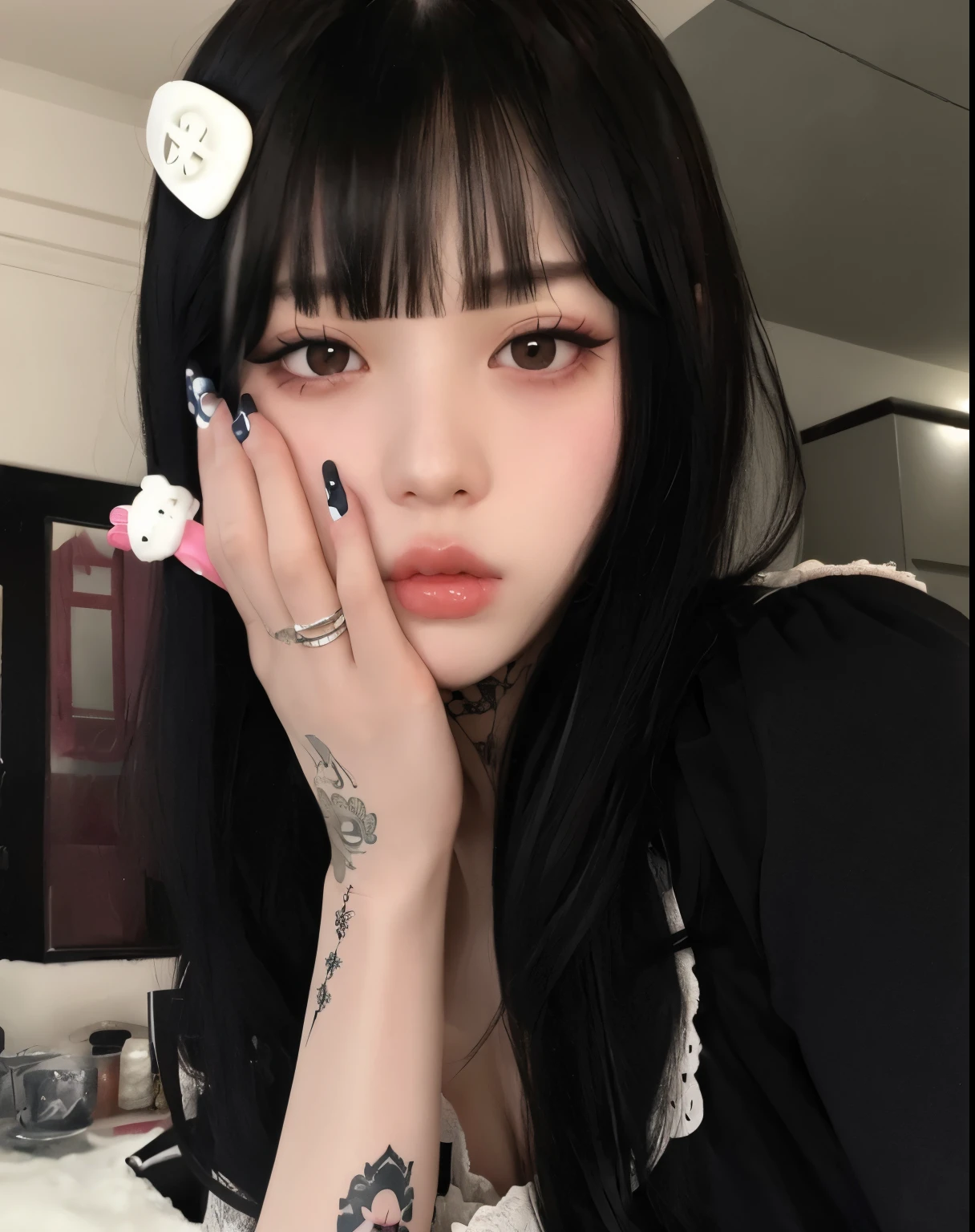 araffe girl with a tattoo on her arm and a phone, ulzzang, cruel korean goth girl, she has black hair with bangs, pale porcelain white skin, black hime cut hair, korean girl, wan adorable korean face, kawaii realistic portrait, girl cute-fine-face, cute round slanted eyes, anime girl in real life, cute kawaii girl