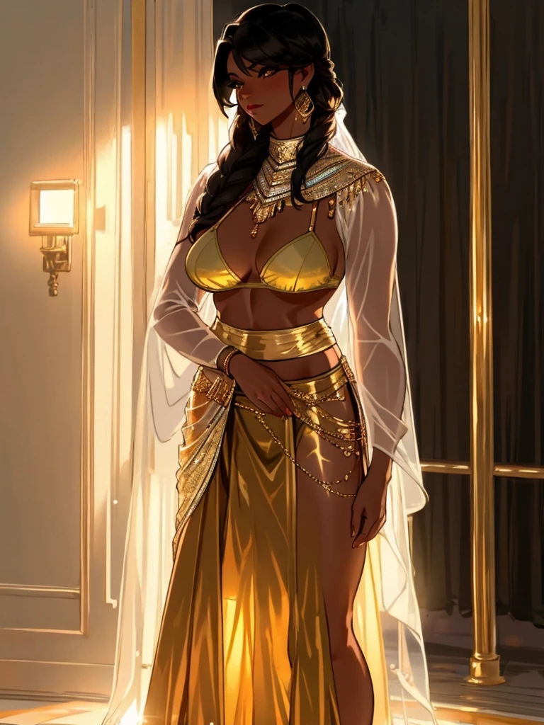 (best quality,realistic),1female,50-year-old,dark-skinned,long hair,bimbo,indian,ifbb,(sheer top),(gold bra visible through clothes),(translucent iridescentskirt)