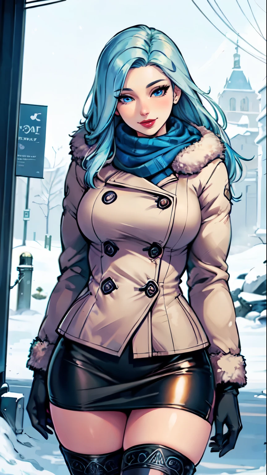 Masterpiece, raw, beautiful art, professional artist, 8k, art style by sciamano240, very detailed face, very detailed hair, 1 woman, perfectly drawn body, beautiful face, long hair, light blue hair , very detailed blue eyes , rosey cheeks, intricate details in eyes, playful smile, looking directly at viewer , in love with viewer expression, lipstick, wearing cute winter clothes, winter coat, gloves, sweater, scarf, short pencil skirt, thigh boots, sunny winter day, walking, pov with viewer,