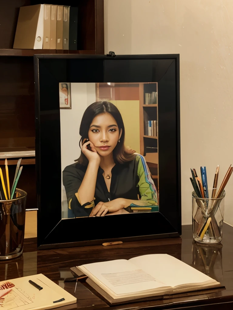 a large photo frame on an Indonesian work desk, a mess of colored pencils, a glass of black coffee and a cigarette,
REALISM