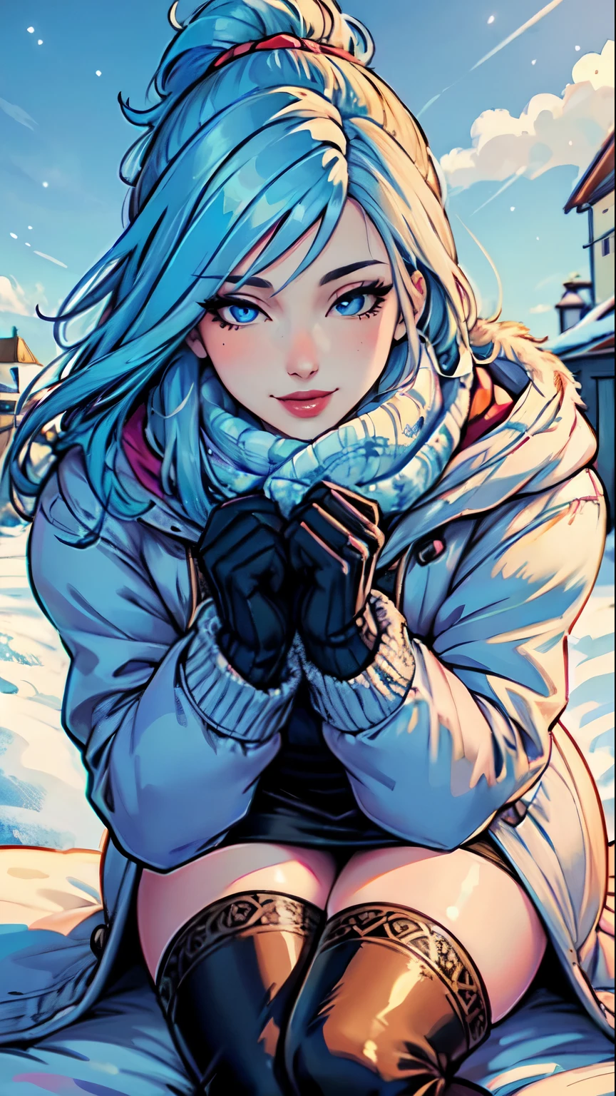 Masterpiece, raw, beautiful art, professional artist, 8k, art style by sciamano240, very detailed face, very detailed hair, 1 woman, perfectly drawn body, beautiful face, long hair, light blue hair , very detailed blue eyes , rosey cheeks, intricate details in eyes, playful smile, looking directly at viewer , in love with viewer expression, lipstick, wearing cute winter clothes, winter coat, gloves, sweater, scarf, short pencil skirt, thigh boots, sunny winter day,