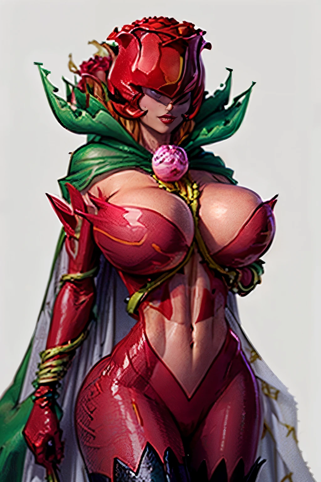 ANIME_rosemon_yugiho_ownwaifu, www.ownwaifu.com, digimon \(creature\), breasts, long hair, ((gigantic breasts:1.5)), lipstick, navel, makeup, covered eyes, monster girl, helmet, plant girl, colored skin, thighhighs, cleavage, petals, elbow gloves, ((slendered abs:1.6)), navel cutout, red flower, red gloves, bodysuit, mask, thorns, cape, gloves, vines, rose, flower, plant, 1girl, solo, facing viewer, looking at viewer, upper body, smile