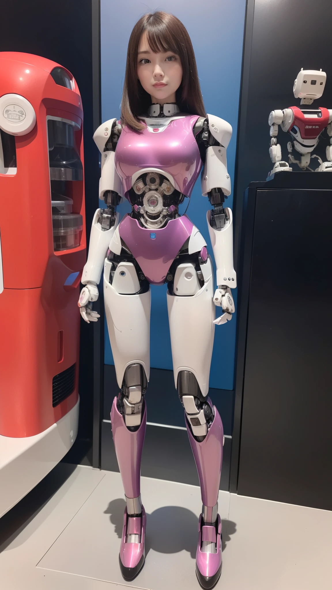 (Photorealsitic:1.4)、one robot woman、(top-quality)、(hyperdetailed face)、(Super well-formed face)、(Robot Parts)、(Female-Robot)、(25 years-old)、(Blue)、(pink there)、(Burgundy)、(metallic)、(full-body)、(sexy pose)、(Slender body)、(Model body type)、(full body mech)、(mechanical exposure)、(Akihabara)、(is looking at the camera)、(A dark-haired)、(Well-proportioned lady)、(a small face)、(a small head)、(well-groomed fingers)、(Idol)、(front facing)、(Standing with legs open)、(Photo session)、(Looks sad)、(perfect-female-robot)、(perfect-mechanical-body)
