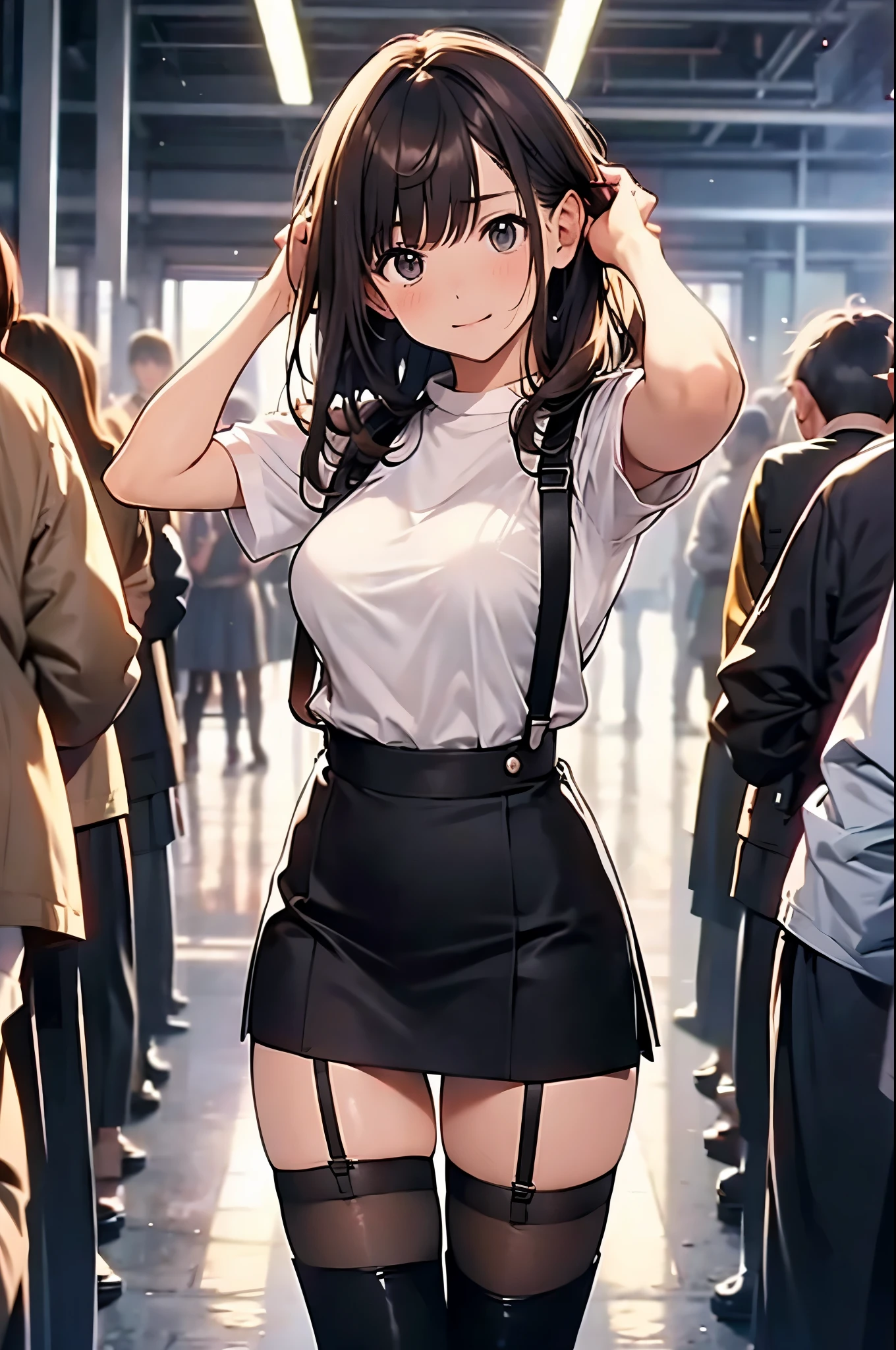brown hair、looking at the viewer suspenders Bulging big breasts Black miniskirt garter belt knee high socks Gaze small face bangs Beauty hands up Gaze black boots provocation armpit sweat one person put your hands behind your back cutter shirt Panty shot