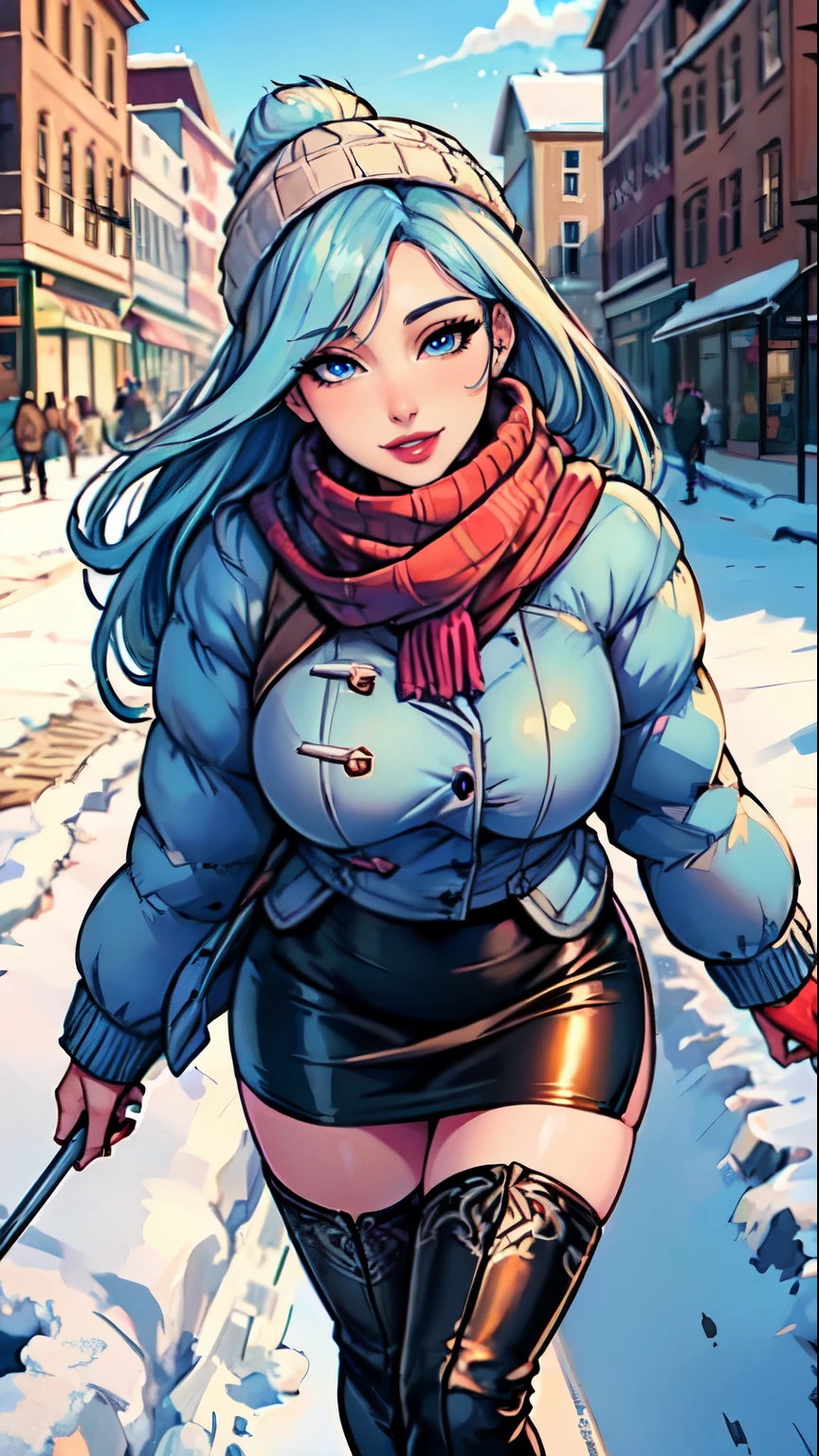 Masterpiece, raw, beautiful art, professional artist, 8k, art style by sciamano240, very detailed face, very detailed hair, 1 woman, perfectly drawn body, beautiful face, long hair, light blue hair , very detailed blue eyes , rosey cheeks, intricate details in eyes, playful smile, looking directly at viewer , in love with viewer expression, lipstick, wearing cute winter clothes, winter coat, gloves, sweater, scarf, short pencil skirt, thigh boots, sunny winter day, walking, pov with viewer,