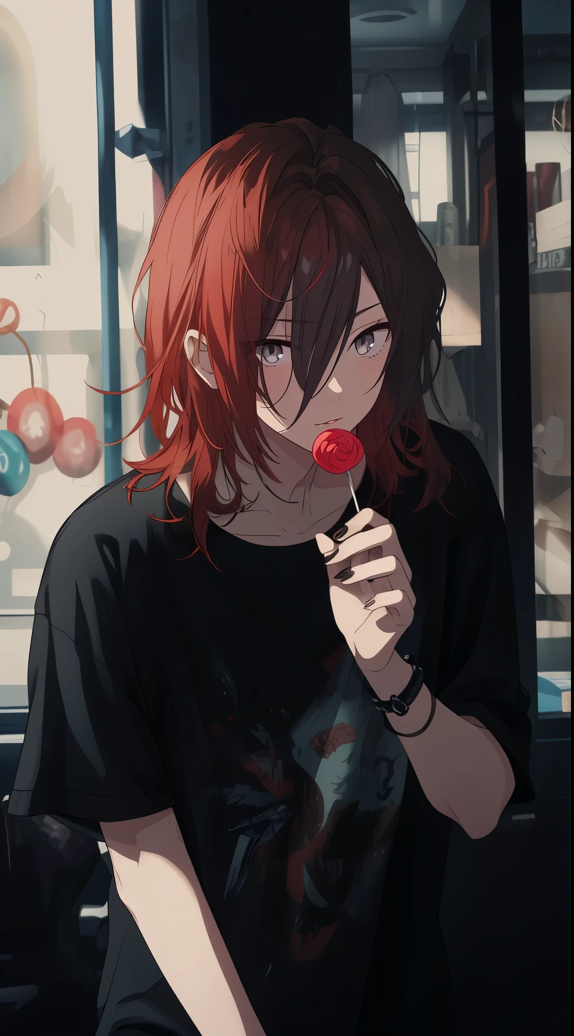 ((gray eyes)),  closed mouth, beautiful eyes, Eyes like jewels, thick lips, Beautiful young man, red hair, shoulder length hair, slit eyes, lollipop, black casual clothes, monotone room,high quality, amount of drawing, pixiv illustration