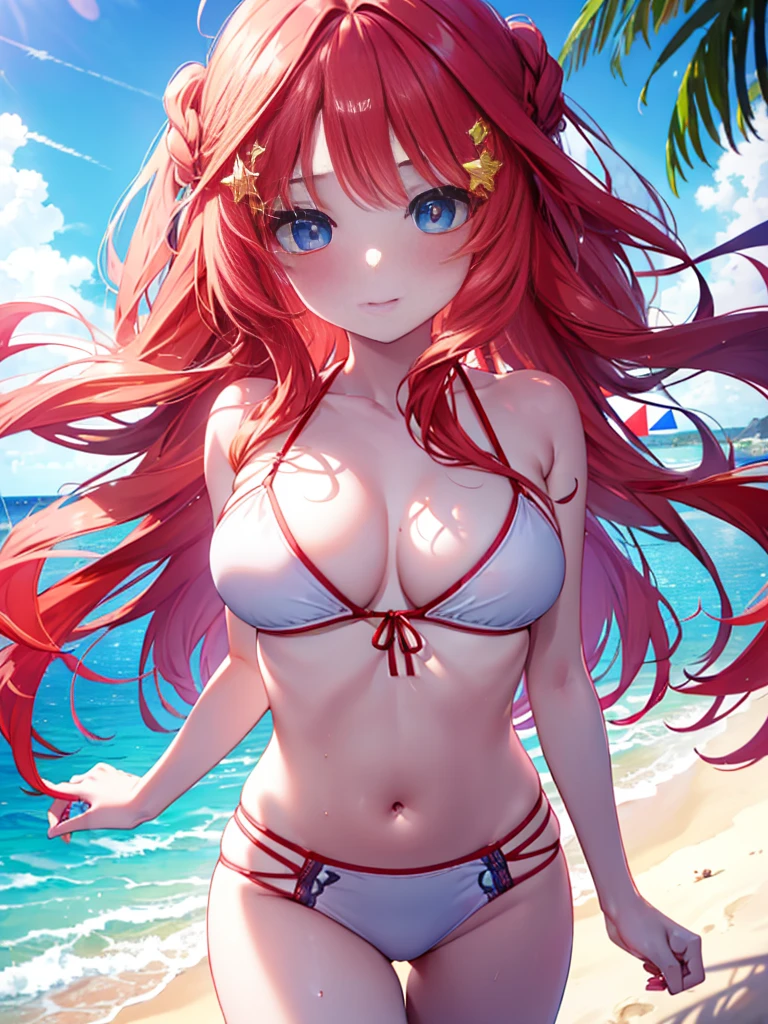 , , mksks style, detailed background, 1 girl, alone, Itsuki Nakano,  star hair ornament, long hair, redhead, bangs, hair amazing eyes, Braid, blue eyes, big breasts , hibiscus hair ornament,whole body,While strolling along the sandy sands of the beach,blush,smile,Hair fluttering in the wind, ,Red bikini swimsuit,(masterpiece:1.2), highest quality, High resolution, unity 8k wallpaper, (shape:0.8), (beautiful and detailed eyes:1.6), highly detailed face, perfect lighting, Very detailed CG, (perfect hands, perfect anatomy),