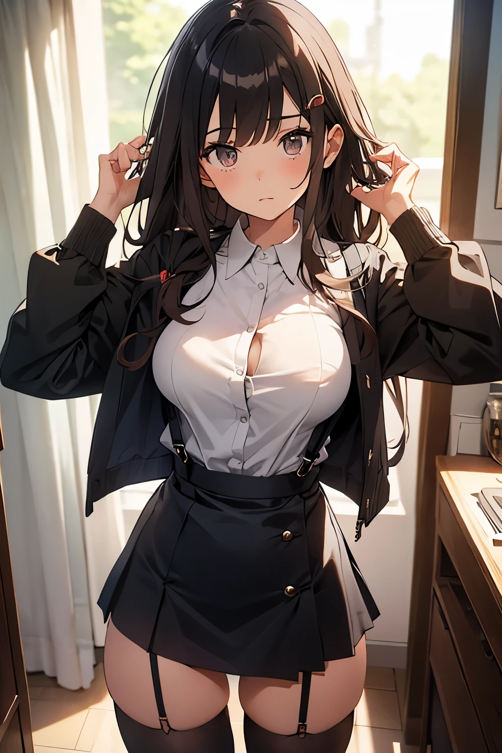 brown hair、looking at the viewer　　suspenders　　　Bulging big breasts　　 　 　　　　Black miniskirt　garter belt　knee high socks　　　　　　Gaze　　　small face　bangs 　　　　　Beauty　　hands up　　 　Gaze 　black boots 　provocation　　armpit sweat　one person 　　put your hands behind your back　cutter shirt　　Panty shot