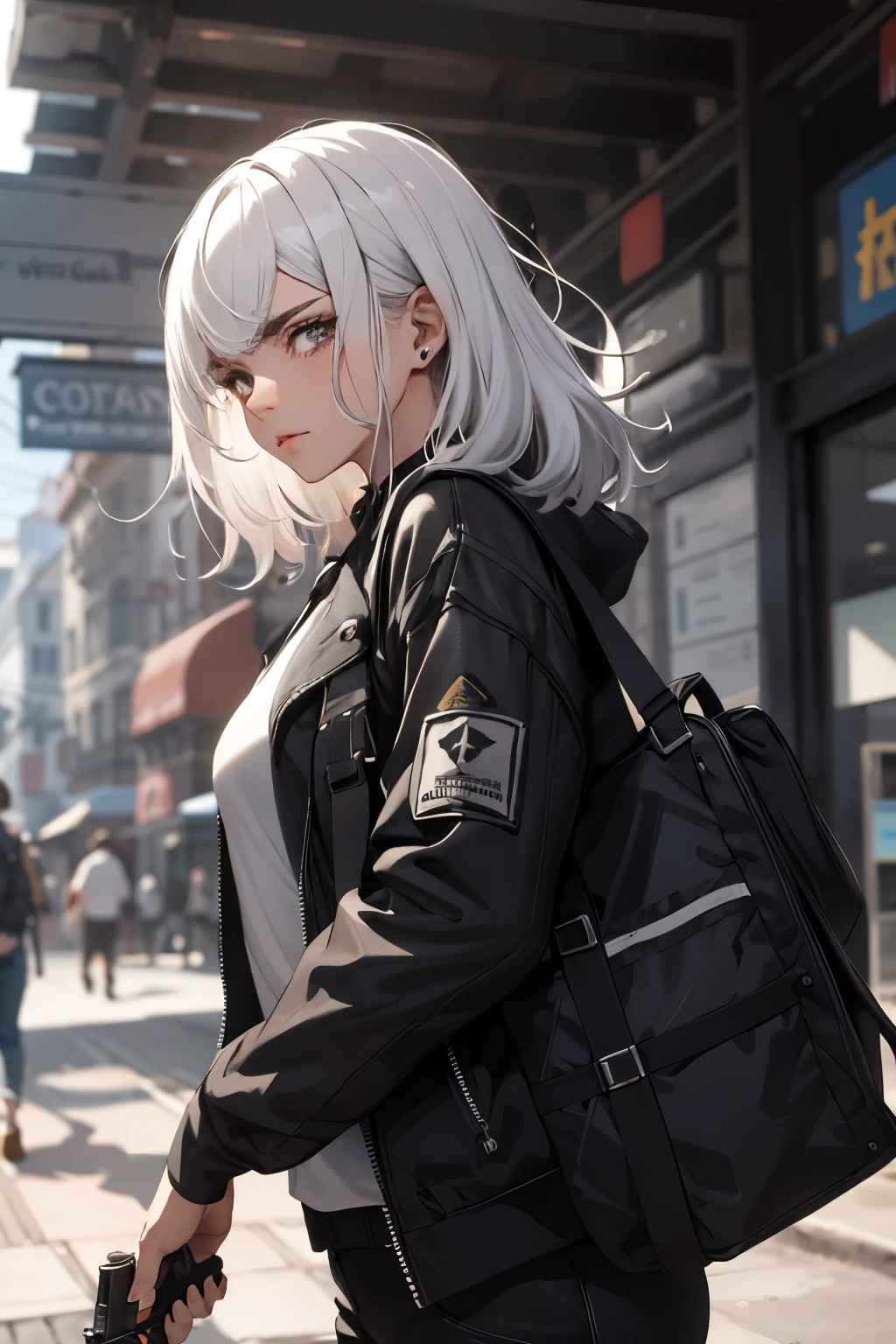 um cara com cabelo branco e um cara com cabelo preto andando de costas com uma arma nas costas e fumando