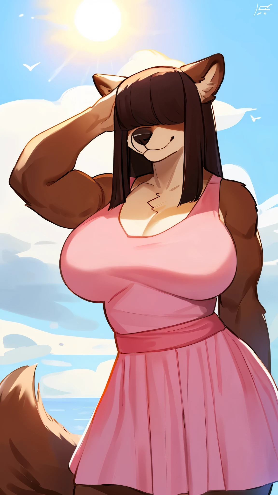 By bebebebebe, by lostgoose, by goonie-san, female, ((canine, snout, hair covering eyes, straight hair, medium hair, flat hair, ears, thin snout)), brown fur, big poofy tail, raised tail, dark maroon hair, ((muscular)), (big breasts), solo, standing, facing viewer, ((big flowy pink dress)) sexy pose, hands behund head, blep, holy light, heaven, heavenly, clouds