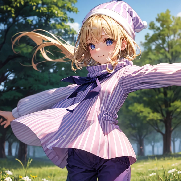A 30 year old slender girl((flat tits )), blonde hair (( straight short hair ))(( a bit smooth curl)), Wearing tunic (( pale pink, vertical stripes)), anorak ((purple and indigo )), and black long pants, white beanie and deep blue muffler, bright smile (( the corners of her mouth rise)), round crystal blue eyes, a gentle wind blowing at a field , pose of looking back, stretch her arms forward