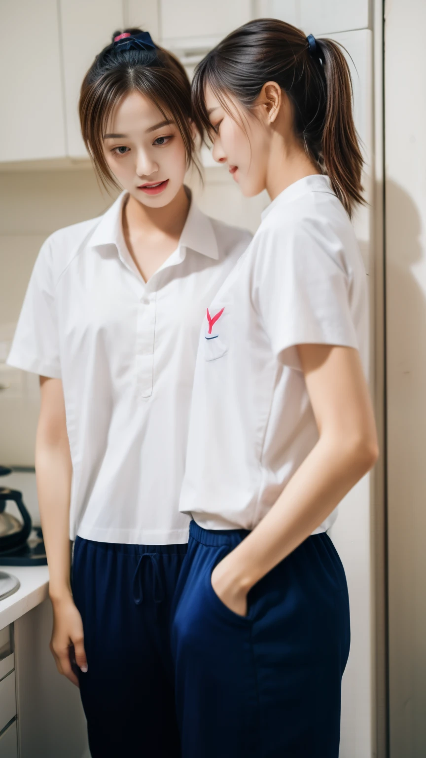 2 young women in the kitchen, Navy blue short-sleeved shirt,Navy Long Trackpant,Sweatpants, Sweatpantsขายาว,25 year old girl, lesbian, sexy, exercise clothes, Sweating, เหงื่อsexy, Sexual arousal