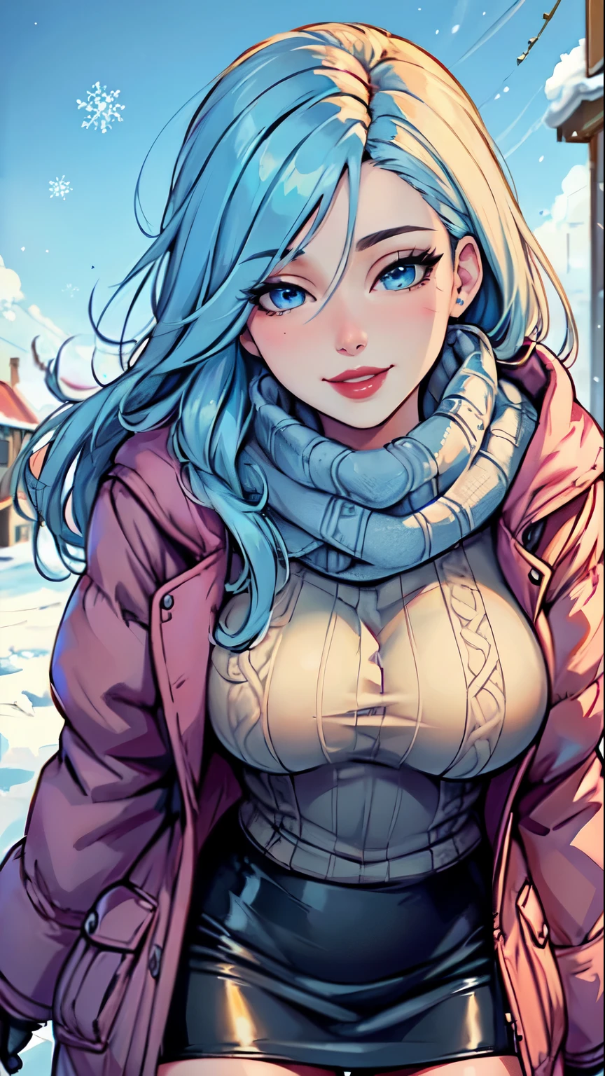 Masterpiece, raw, beautiful art, professional artist, 8k, art style by sciamano240, very detailed face, very detailed hair, 1 woman, perfectly drawn body, beautiful face, long hair, light blue hair , very detailed blue eyes , rosey cheeks, intricate details in eyes, playful smile, looking directly at viewer , in love with viewer expression, lipstick, wearing cute winter clothes, winter coat, gloves, sweater, scarf, short pencil skirt, thigh boots, sunny winter day, walking, pov with viewer, very close up on face,