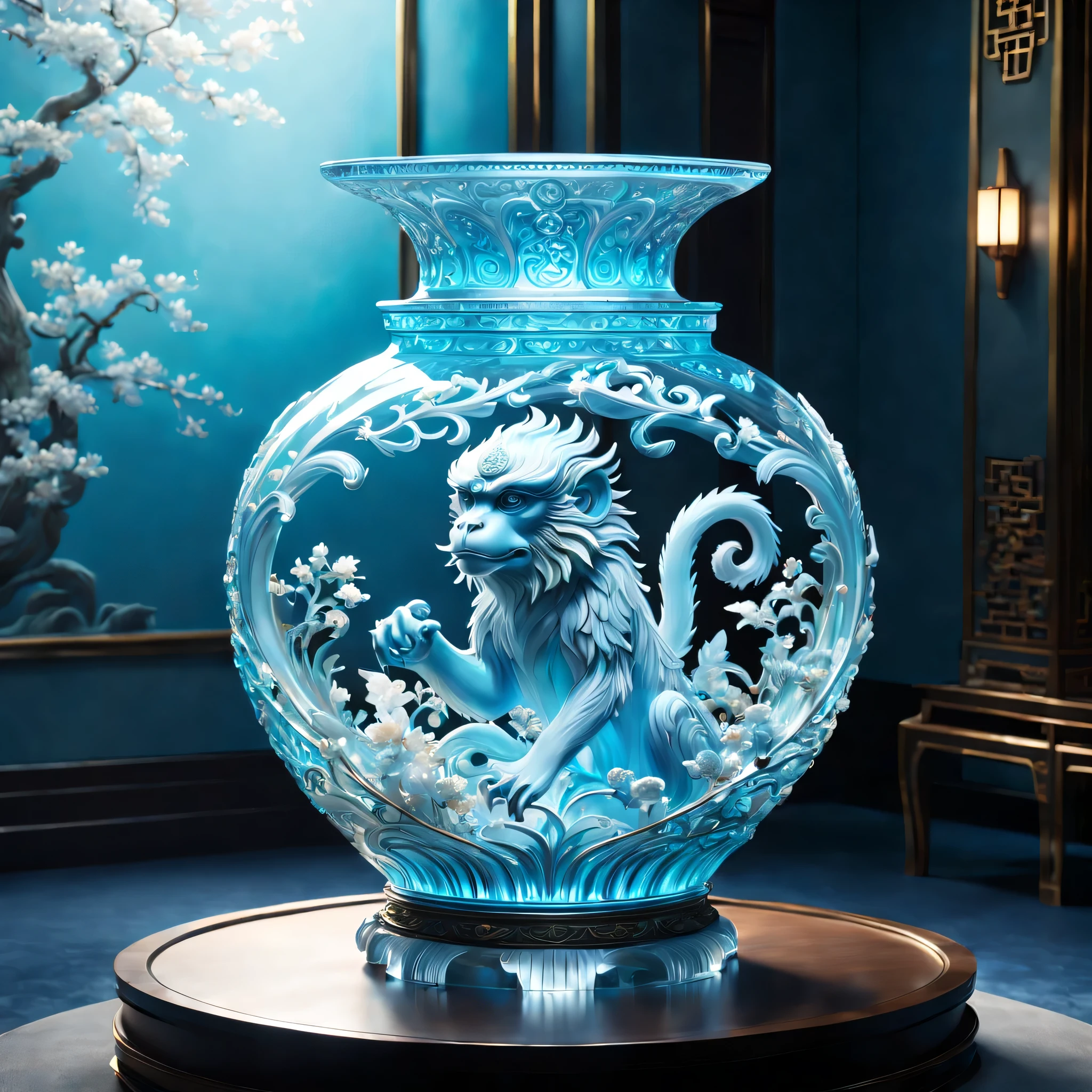 An oriental style vase is displayed in an empty room,There is a dragon monkey inside, RococoStyle, Crystal nuclei, Realistic light depiction, interesting and complex, light blue, hidden academia, World pattern,The body of the vase is illuminated by light, RococoStyle, futuristic elements, Crystal nuclei, Chinese iconography, swirl, light blue, giant money sculpture, Futuristic fantasy style, light blue, An intricate underwater world, Realistic light depiction, clear colors, Crystal nuclei, Light cyan and white, An intricate underwater world风格, Crystal nuclei, chinapunk, swirl, light blue, Glowing portrait, light box,(best quality,4K,8k,high resolution,masterpiece:1.2),super detailed,(actual,realistically,lifelike:1.37),extremely detailed glass vase，There is a monkey on it,super detailedscp神器可以,Complex and gorgeous anime CGI style,Exquisite renderings of the Tang Dynasty,Better than Paul and James Ginn,complex artwork. Guilty car rendering,Complex 8K rendering,8k vray rendering,rendering art,filled with glass. Computer Graphics Association,High quality rendering