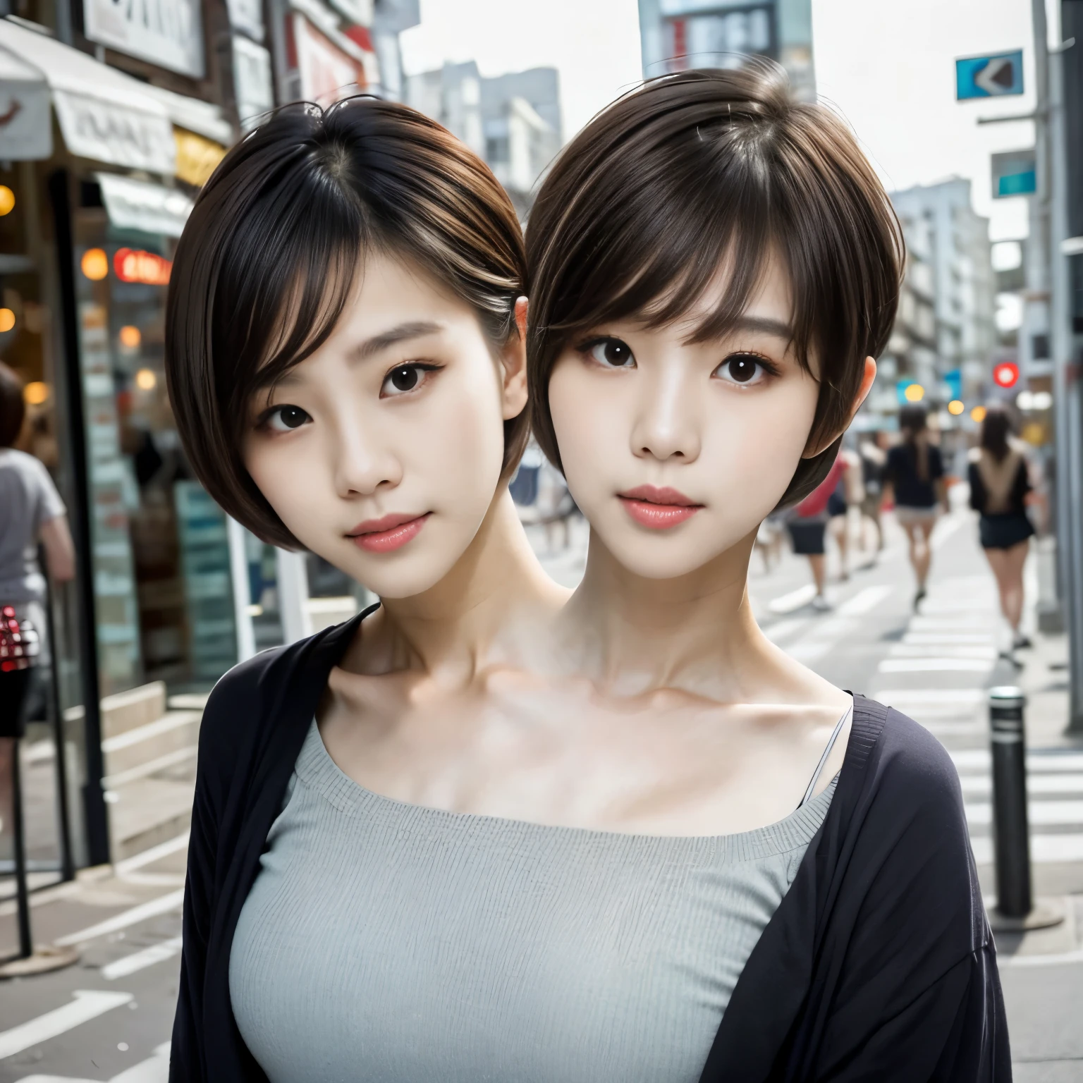 best resolution, half-body shot, , 2heads, woman with two heads,korean, diferent haircuts, pixie cut, ponytail, different hair  colors, brown hair, blonde hair,   streetfashion,  city background