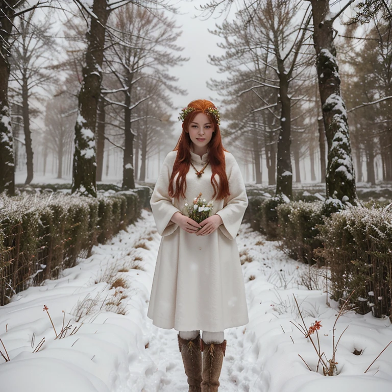 A magical, Beautiful firey red haired maiden , snowdrop flowers are growing in patches of snow in a celtic enchanted winter woodland, she embodies the goddess Brigid, brigid's cross, lambs and calves are in the feild of winter wheat, mist surrounds her
