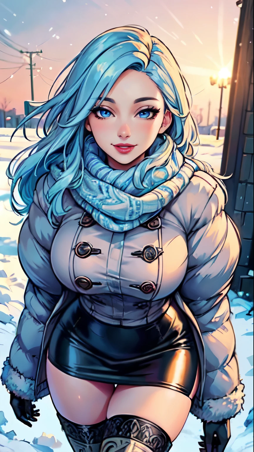 Masterpiece, raw,  beautiful art, professional artist, 8k, art style by sciamano240, very detailed face, very detailed hair, 1 woman, perfectly drawn body, beautiful face, long hair, light blue hair , very detailed blue eyes , rosey cheeks, intricate details in eyes, playful smile, looking directly at viewer , in love with viewer expression, lipstick, wearing cute winter clothes, winter coat, gloves, sweater, scarf,  short pencil skirt, thigh boots, sunny winter day, walking, pov with viewer, very close up on face, 