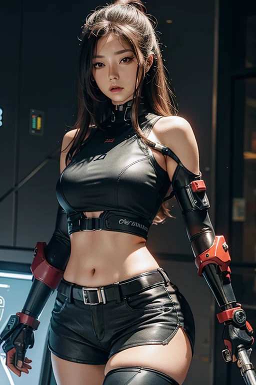 Arad woman in black leather coat holding a gun, an oppai cyberpunk, cyberpunk angry gorgeous goddess, Cyberpunk 2 0 y. o model girl, mechanized soldier girl, female cyberpunk anime girl, m4 sopmod ii girls frontline, Tifa Lockhart, iu lee ji-eun as a super villain, ArtStation masterpiece, by Yang J, beautiful cyberpunk woman model