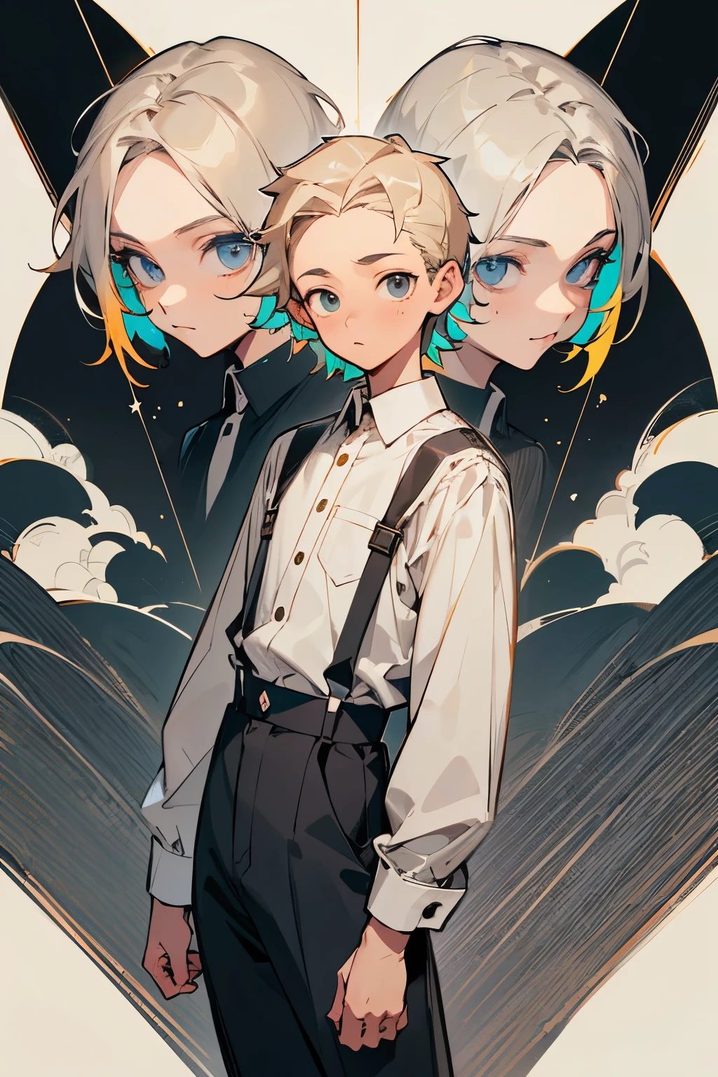 1boy, solo, looking at viewer, cowboy shot, male focus, (white background), (blank background), standing, mature male, 15 years old, (beige hair), (extra-short hair), forehead, gray eyes, suspender, long-sleeves, white dress shirt, black dress pants, perfectly structured, highly detailed, vibrant colors, composite lighting, professional shading, sharp and crisp image, high quality textures, natural proportions, detailed face, best quality, anime-style