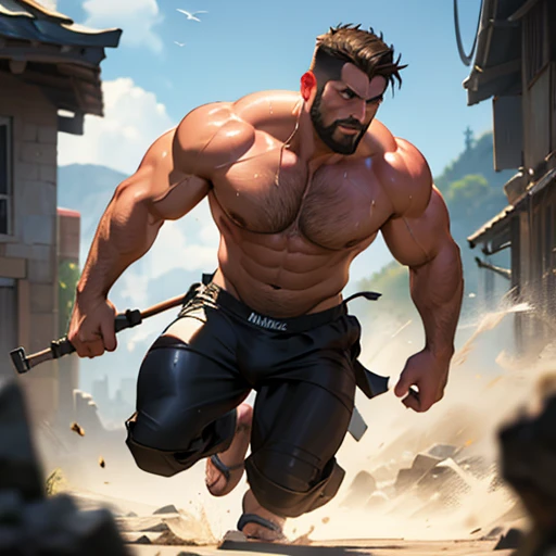An award-winning original photo,A wild muscular man, (40 years old daddy:1.1), 1boy, Solo, (big shoulders, musculature, stubbles, Short beard, Beautiful eyes:1.3, ), (chengjianbin:1), (weizhenrong:1), (Detailed face:1.3), Dynamic Angle, dramatic pose, voluminetric lighting, (Best quality, A high resolution, Photorealistic), Cinematic lighting, Masterpiece, RAW photo, Intricate details, hdr, full body, sweaty, detailed speedo, big underwear bulge