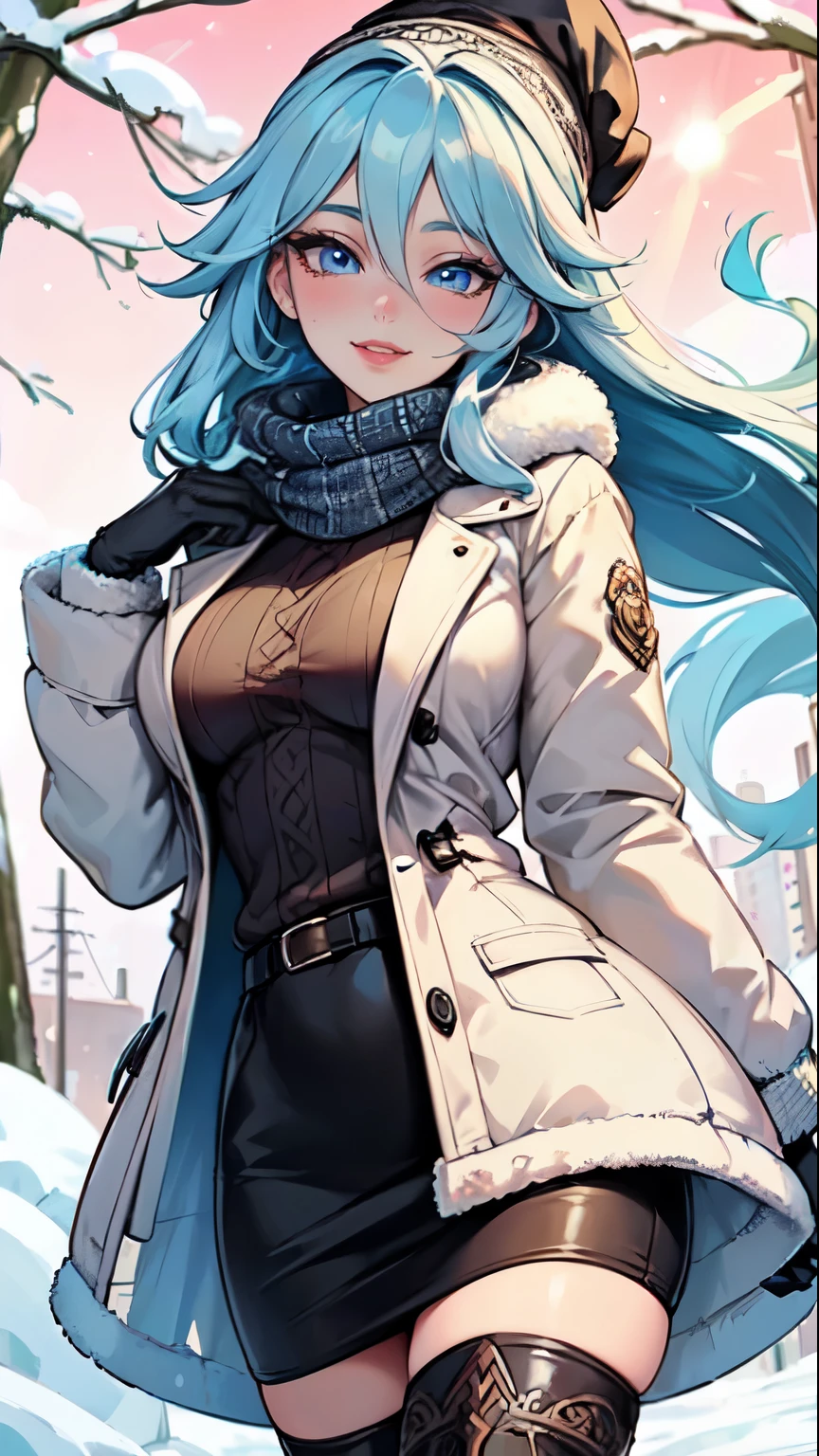 Masterpiece, raw,  beautiful art, professional artist, 8k, art style by sciamano240, very detailed face, very detailed hair, 1 woman, perfectly drawn body, beautiful face, long hair, light blue hair , very detailed blue eyes , rosey cheeks, intricate details in eyes, playful smile, looking directly at viewer , in love with viewer expression, lipstick, wearing cute winter clothes, winter coat, gloves, sweater, scarf,  short pencil skirt, thigh boots, sunny winter day, walking, pov with viewer, very close up on face, 