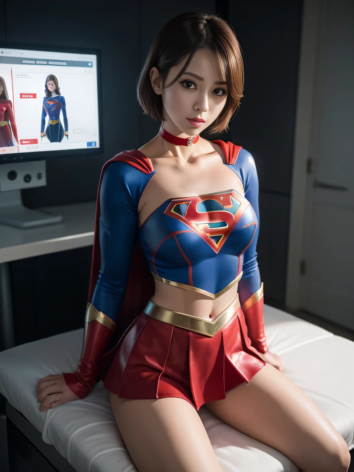 master piece,Supergirl costumes, short hair, barefoot, big and full breasts,operating room、operating table、straddle、corrupted、shiny、look at the camera、choker、long sleeve、red mini skirt