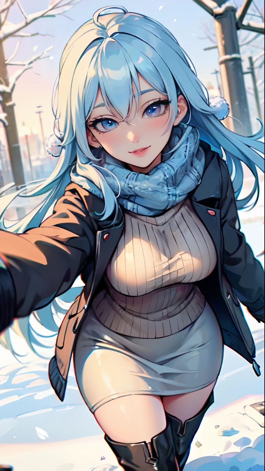 Masterpiece, raw, beautiful art, professional artist, 8k, art style by sciamano240, very detailed face, very detailed hair, 1 woman, perfectly drawn body, beautiful face, long hair, light blue hair , very detailed blue eyes , rosey cheeks, intricate details in eyes, playful smile, looking directly at viewer , in love with viewer expression, lipstick, wearing cute winter clothes, winter coat, gloves, sweater, scarf, short pencil skirt, thigh boots, sunny winter day, walking, pov with viewer, very close up on face,