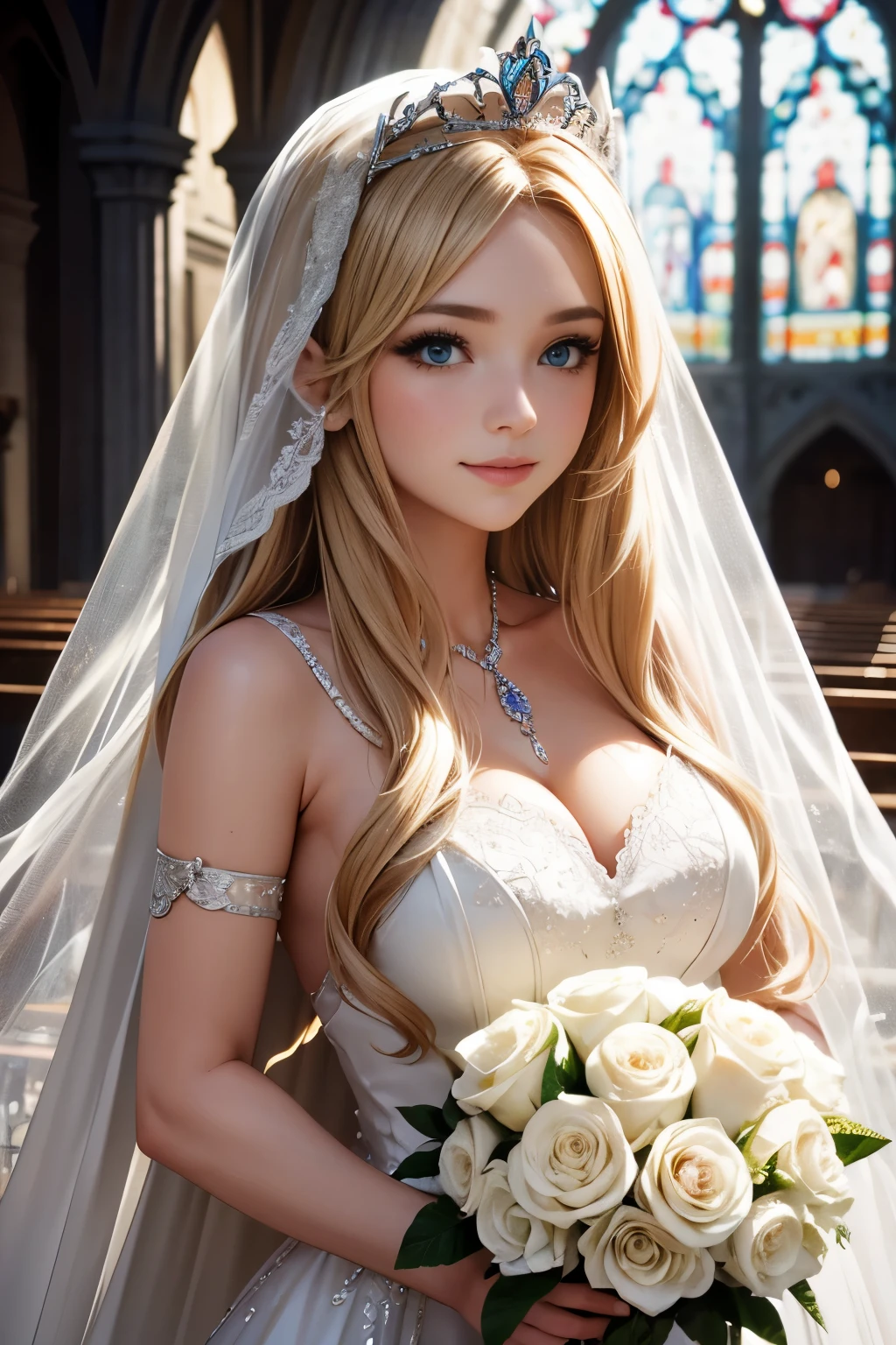 masterpiece,Highest quality,Very detailed,beautiful girl,White gothic lolita wedding dress,Frills,bride,Silver Tiara,bouquet,Blonde,A lot of gems,Soft lighting, teenager,Perfect Face,Beautiful and detailed eyes,Green Eyes,Beautiful Skin,skinny,Small breasts,Dynamic,Majestic church facade,Lots of flowers,Petals Fall