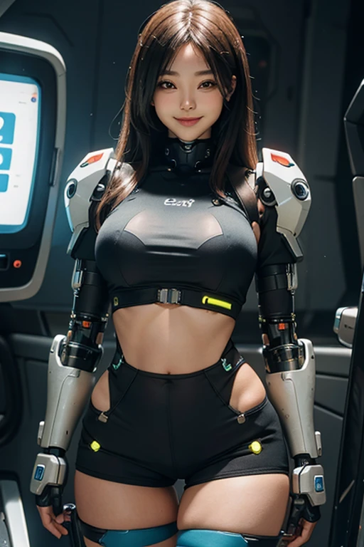 Woman defined body, thick thighs, cybernetic shorts, sweet smile