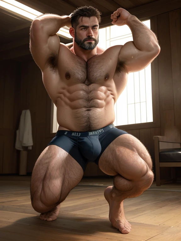 An award-winning original photo,A wild muscular man, (40 years old daddy:1.1), 1boy, Solo, (big shoulders, musculature, stubbles, Short beard, Beautiful eyes:1.3, ), (chengjianbin:1), (weizhenrong:1), (Detailed face:1.3), Dynamic Angle, dramatic pose, voluminetric lighting, (Best quality, A high resolution, Photorealistic), Cinematic lighting, Masterpiece, RAW photo, Intricate details, hdr, full body, sweaty, detailed speedo, big underwear bulge, on knees, hairy armpits, musky armpits
