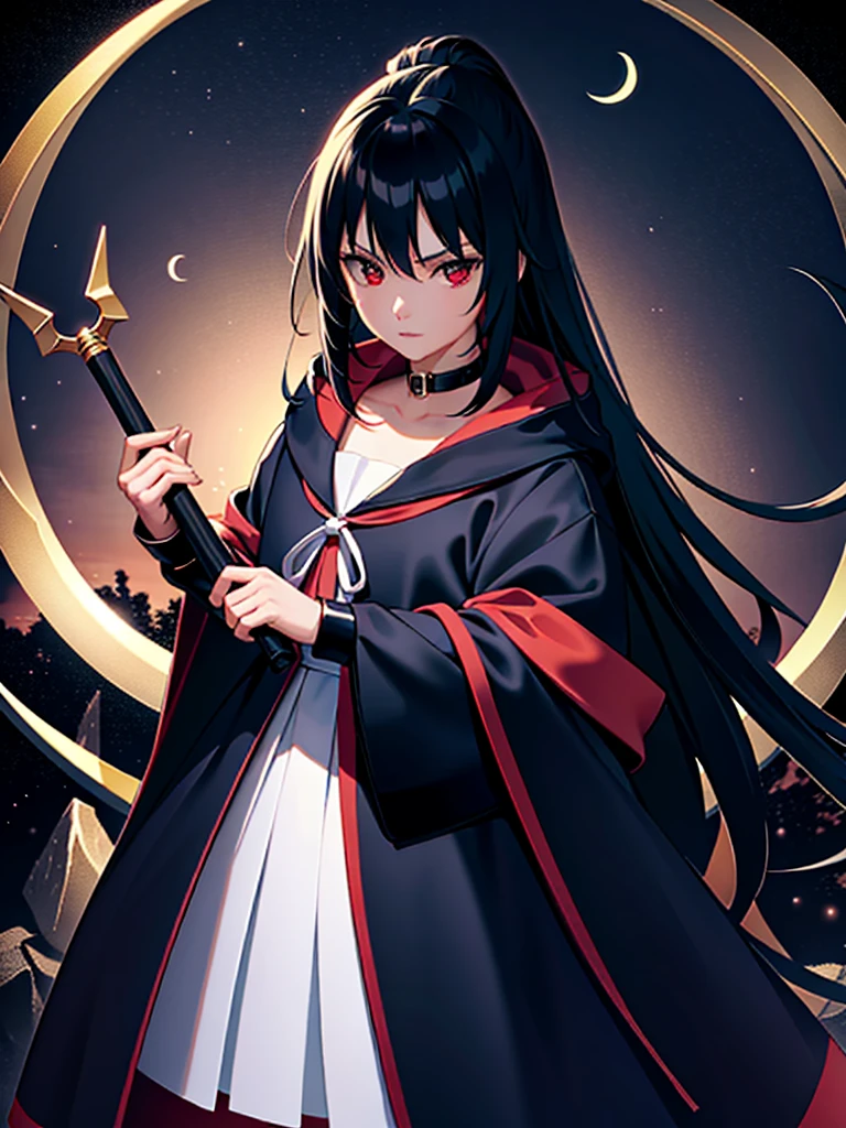 (masterpiece), (best quality), ultra high res, professional artwork, ultra detailed, intricate, detailed face, perfect lighting, 1girl, black long hair, (red eyes), ninja, black cloak, black coat, high collar, collarbone, head, night, night sky, crescent moon, red moon, outdoors, (cowboy shot, far shot)