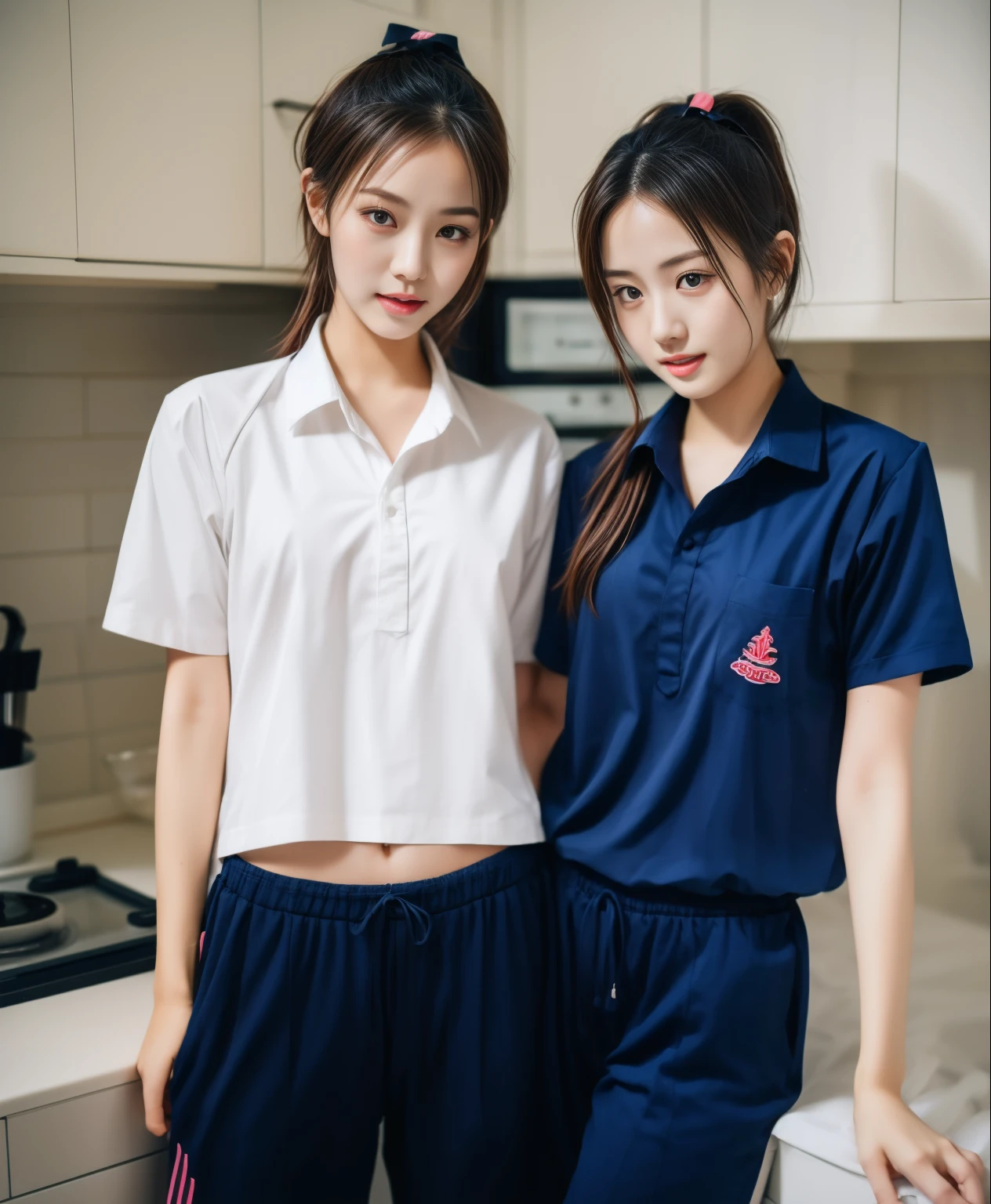 2 young women in the kitchen, Navy blue short-sleeved shirt,Navy Long Trackpant,Sweatpants, Sweatpantsขายาว,25 year old girl, lesbian, sexy, exercise clothes, Sweating, เหงื่อsexy, Sexual arousal