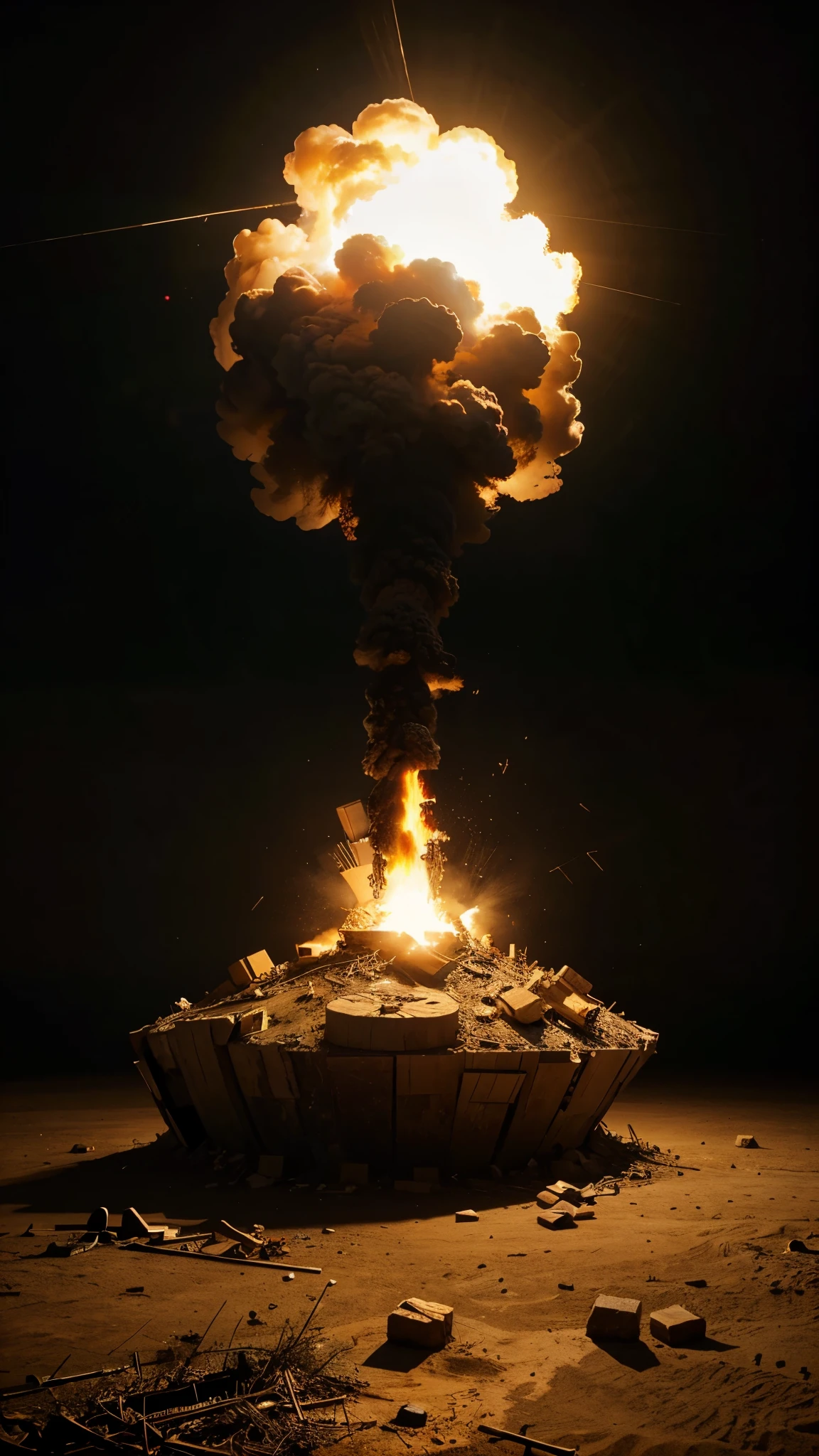create a photorealistic footage of a wooden sculpture of a nuclear explosion