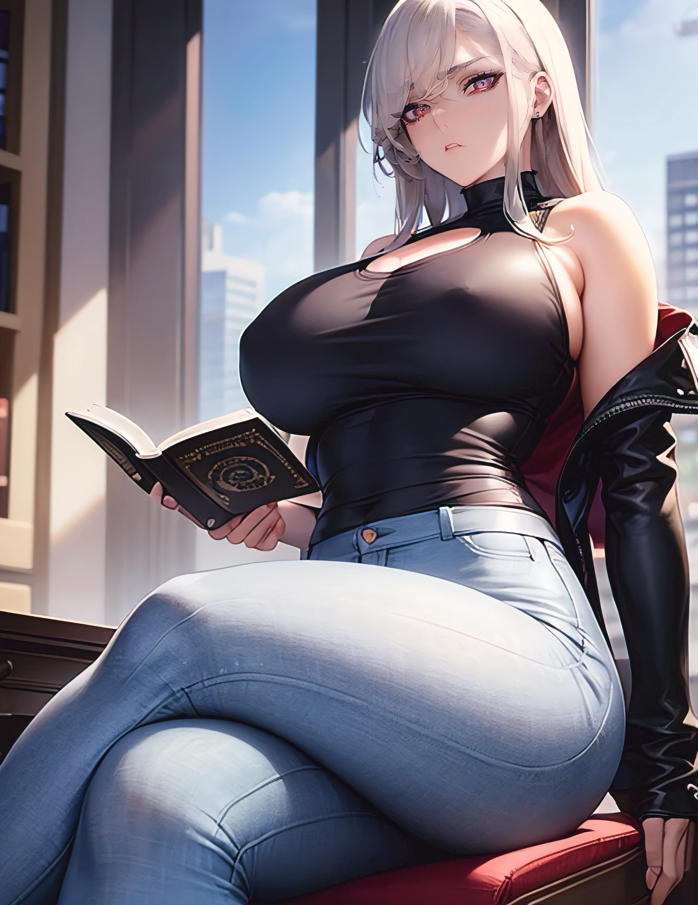 (Best quality, 4k, Masterpiece :1.3, 8k, ultra-detailed, ultra-masterpiece), mature pretty woman, ultra-detailed face, detailed lips, full lips, detailed eyes, double eyelid, wide hips, thick thighs, smooth skin, (big breasts:1.4), white hair, ((red eyes)), ((thicc body)), tall, skinny jeans and a black leather jacket over a white tank top, (Reading a book in a room), sitting in a chair, reading a book in a room, background window with several buildings in the background