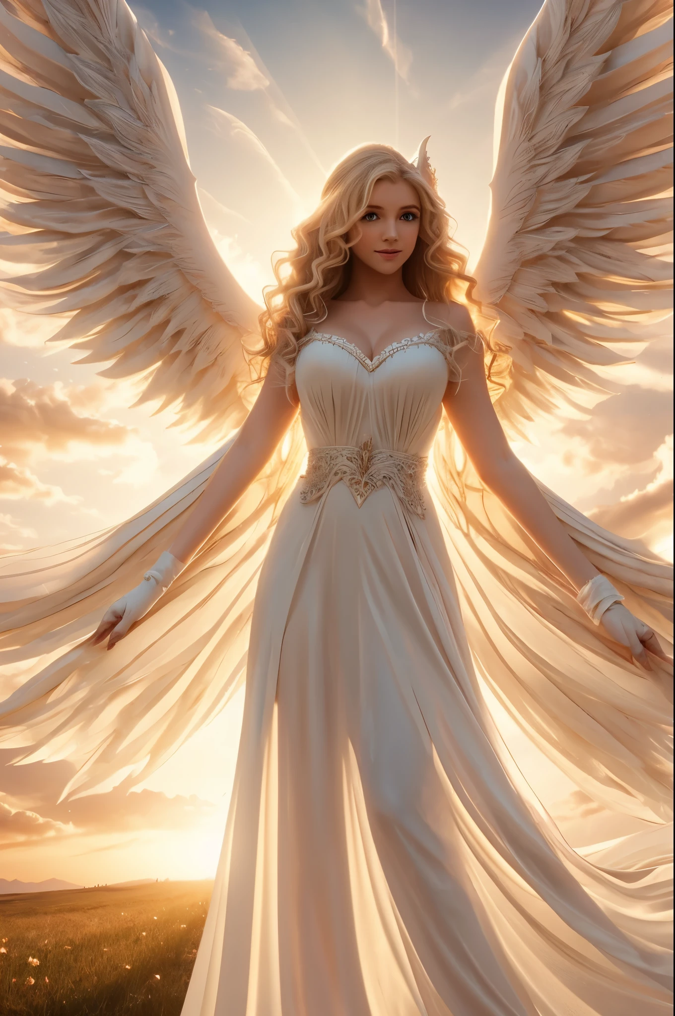 LOVELY WINGED WOMAN, FEMALE ANGEL, WHITE PAIR OF HUGE WINGS, ROMANTIC LONG WHITE DRESS, HUGE LONG BLONDE CURLY HAIR, PALE SOFT SKIN, ROSY CHEEKS, FULL BODY VIEW, FRONT PERSPECTIVE, SKY, CLOUDS, DAYLIGHTS, SUNSET, MASTERPIECE