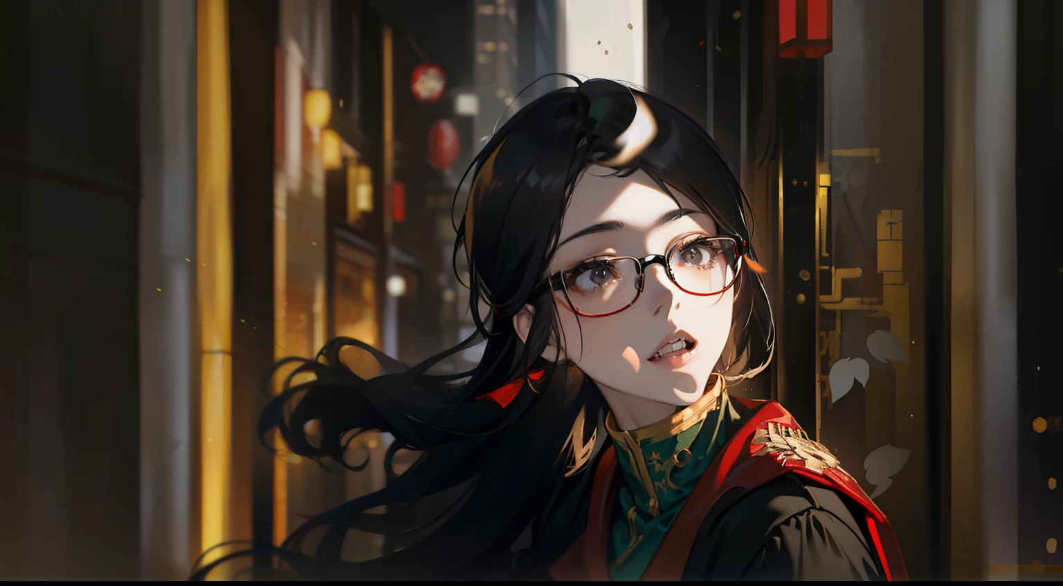 1 female, aldult, Handsome, girl with glasses,Clear glasses, Slim figure, black eyes, Raised eyebrows, black curly hair,The mouth is slightly open, 陽illumination在側臉, Red sweater, Orange turtleneck, Interior background, blurred background, illumination