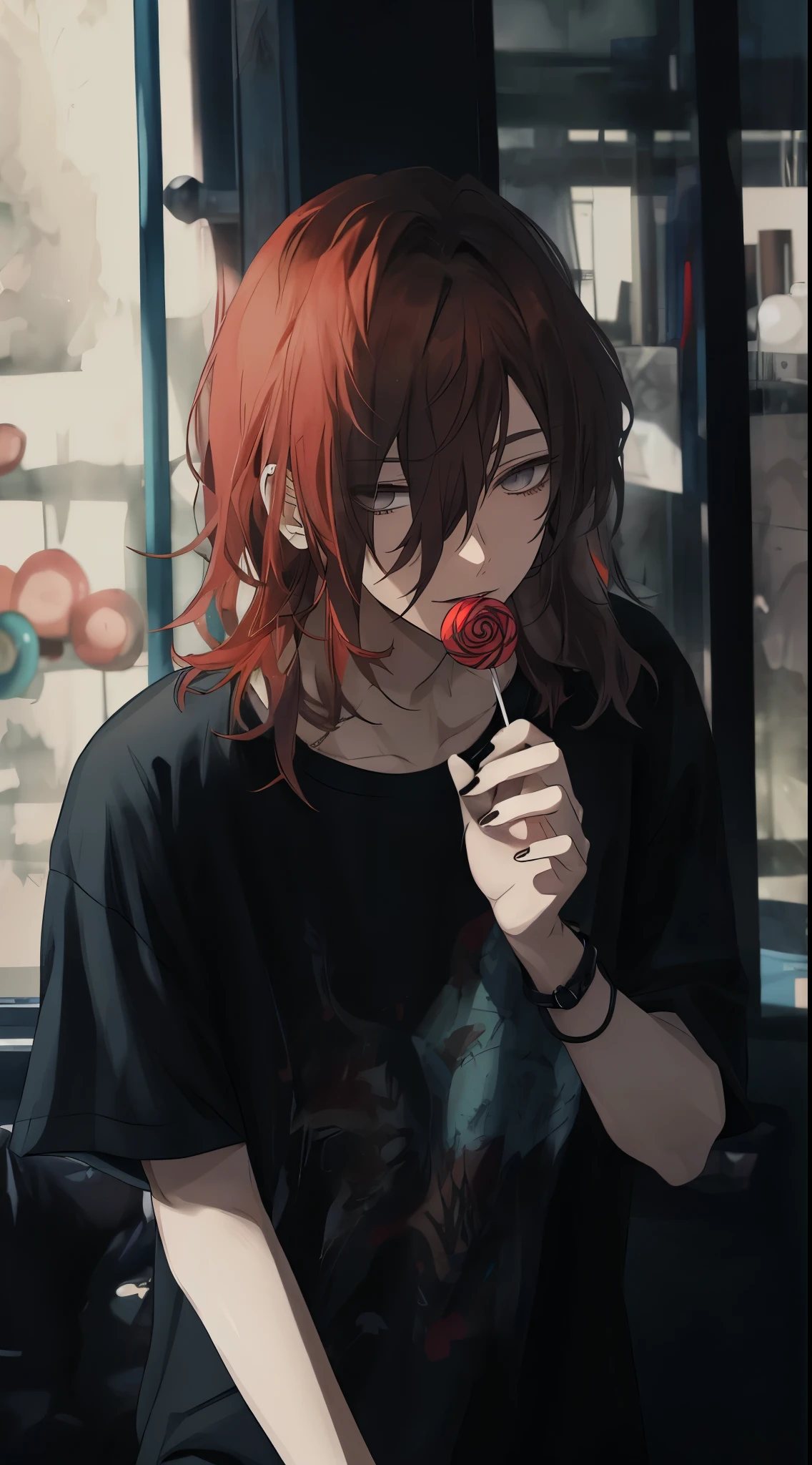 ((gray eyes)),  closed mouth, beautiful eyes, Eyes like jewels, thick lips, Beautiful young man, red hair, shoulder length hair, slit eyes, lollipop, black casual clothes, monotone room,high quality, amount of drawing, pixiv illustration