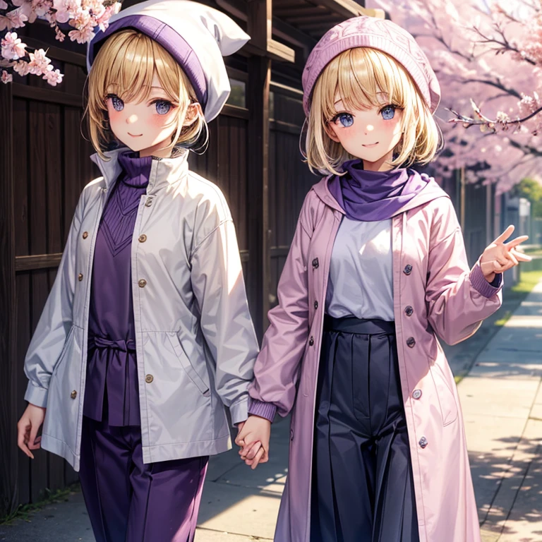 An elementary school student slender girl((flat tits )), blonde hair (( straight short hair ))(( a bit smooth curl)), Wearing tunic (( pale pink, Sakura patterns )), anorak ((purple and indigo )), and black long pants, white beanie and deep blue muffler, bright smile (( the corners of her mouth rise)), round crystal blue eyes, a gentle wind blowing at a field , pose of looking back, seems to want to grab her friend’s hand